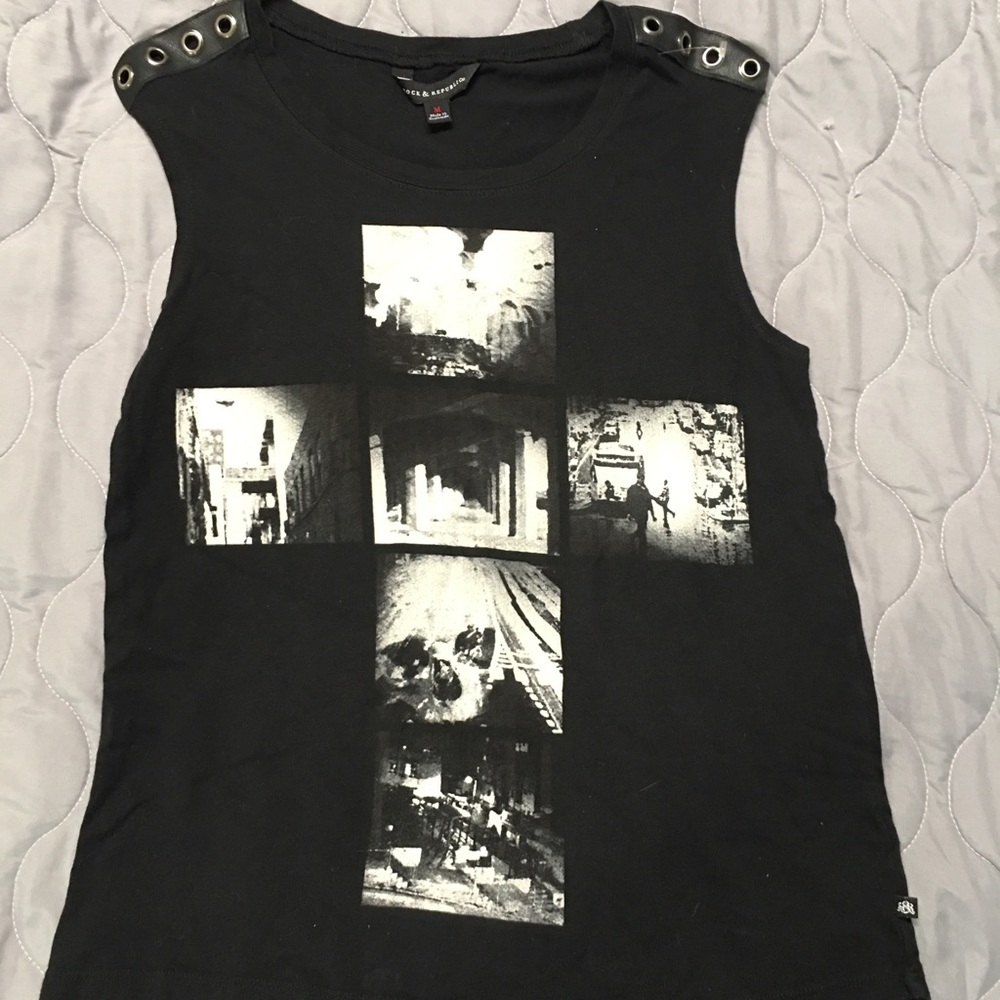 RR Sleeveless T shirt leather and grommet accents